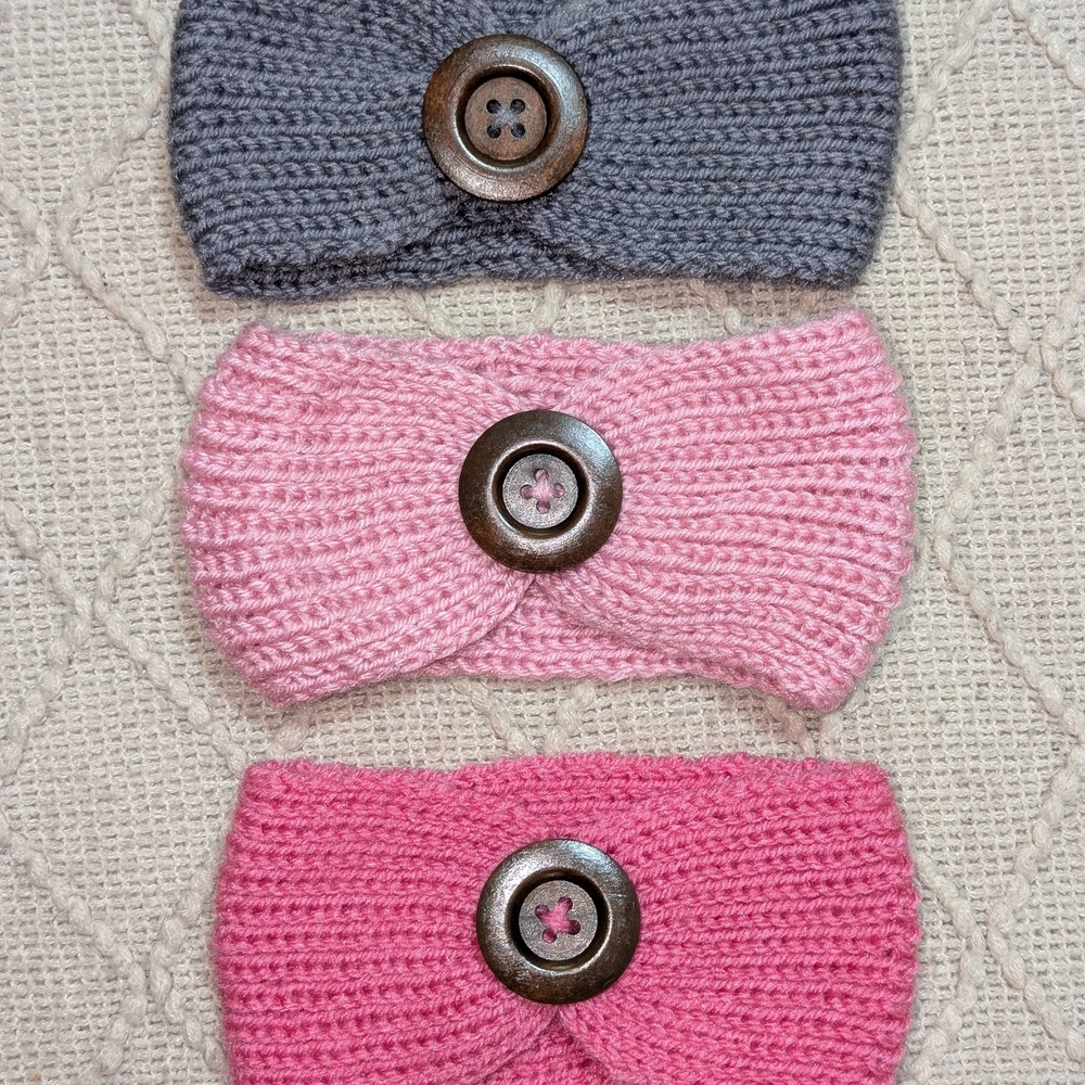 Chic Knit Button Headbands - Gray and Pink Set